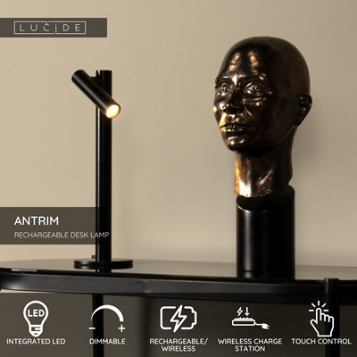 Lucide ANTRIM - Rechargeable Desk lamp Indoor/Outdoor - Battery pack - LED Dim. - 1x2,2W 2700K - IP54 - With wireless charging pad - Black